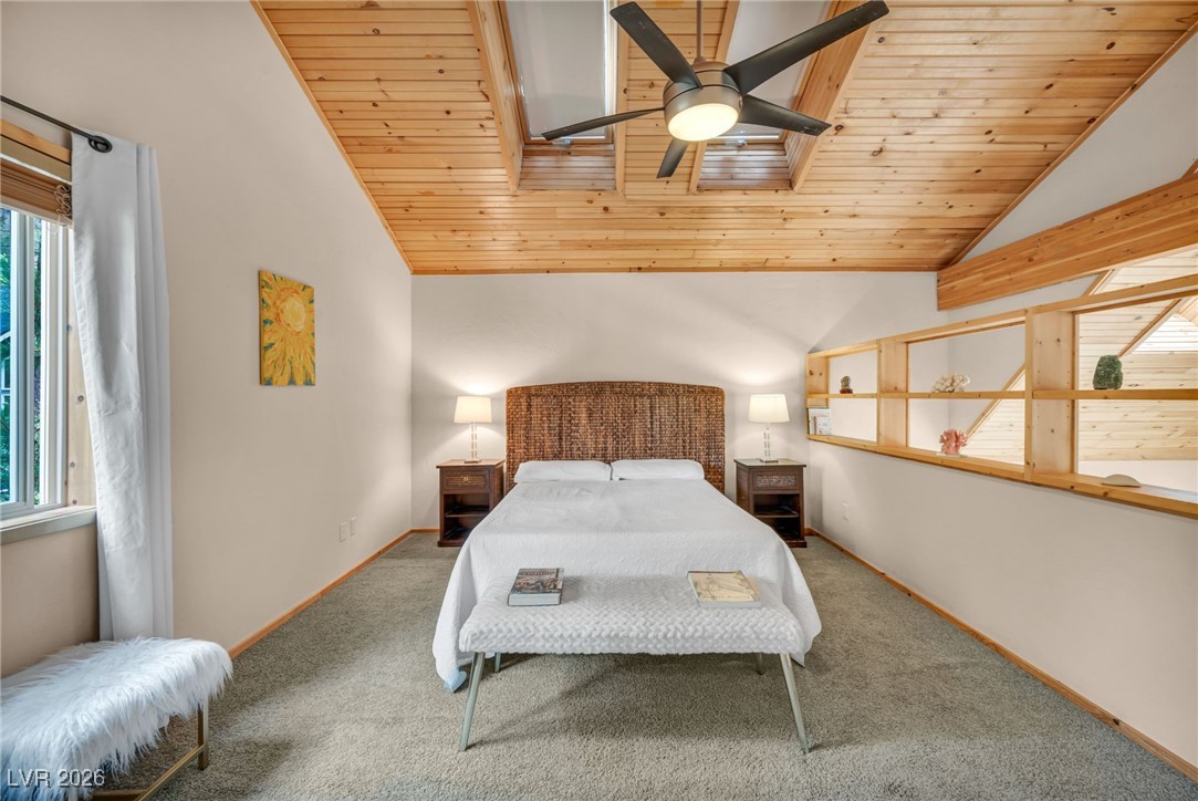 4137 Matterhorn Way Las Vegas, NV 89124 - Photo 49 of 75 Bedroom with wood ceiling, lofted ceiling, carpet flooring, and ceiling fan