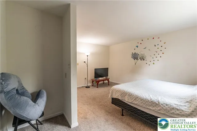 a bedroom with a bed and a flat screen tv