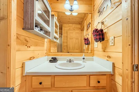a bathroom with a sink and a mirror