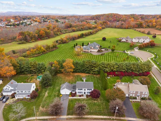 an aerial view of a houses with a lake