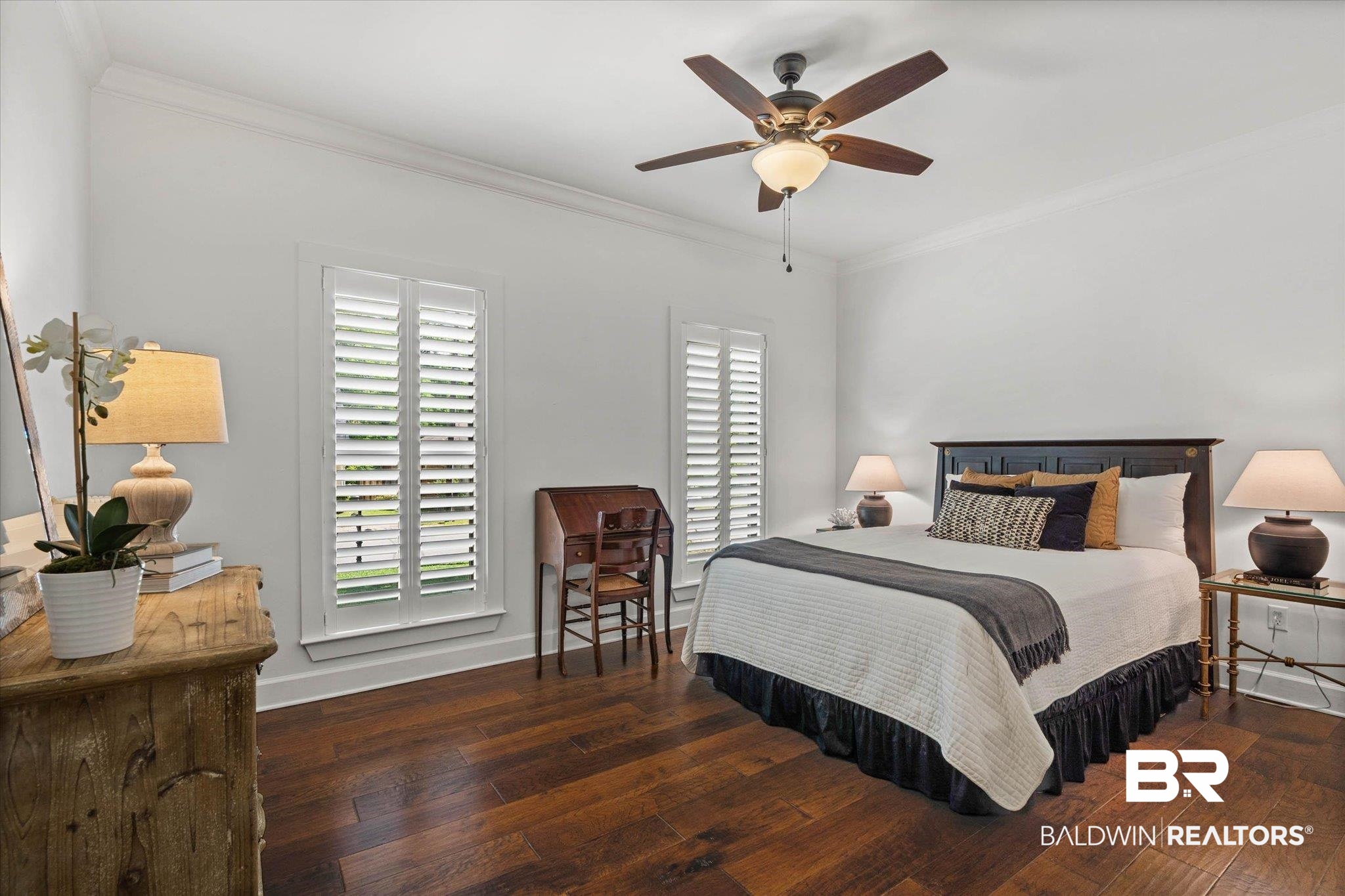 1052 Linlen Avenue Mobile, AL 36609 - Photo 13 of 22 Bedroom featuring ornamental molding, dark wood-style floors, and a ceiling fan