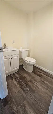 a bathroom with a toilet a sink and vanity