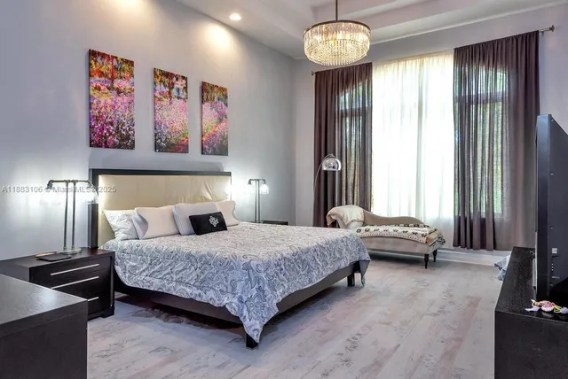 a bedroom with a bed and a television