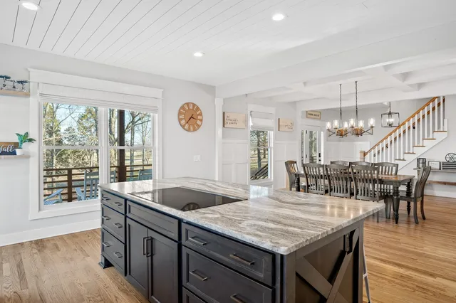 a kitchen with a table chairs and a large window
