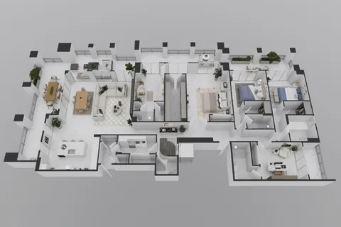 an aerial view of residential houses with outdoor space and swimming pool