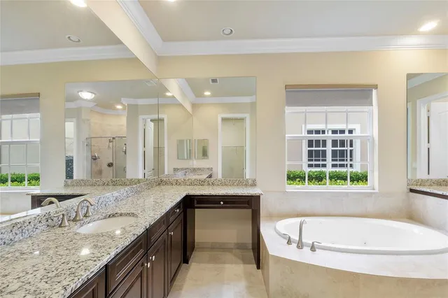 a bathroom with a granite countertop tub and a large mirror
