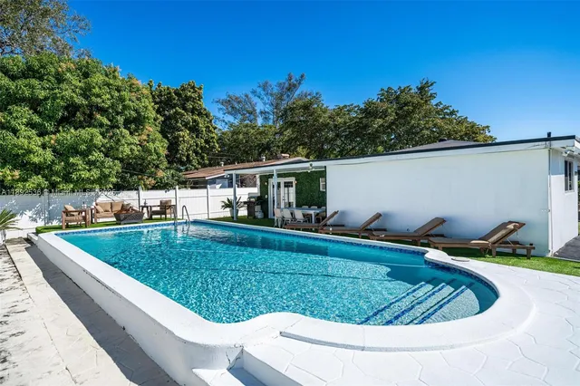 a view of a swimming pool with a yard