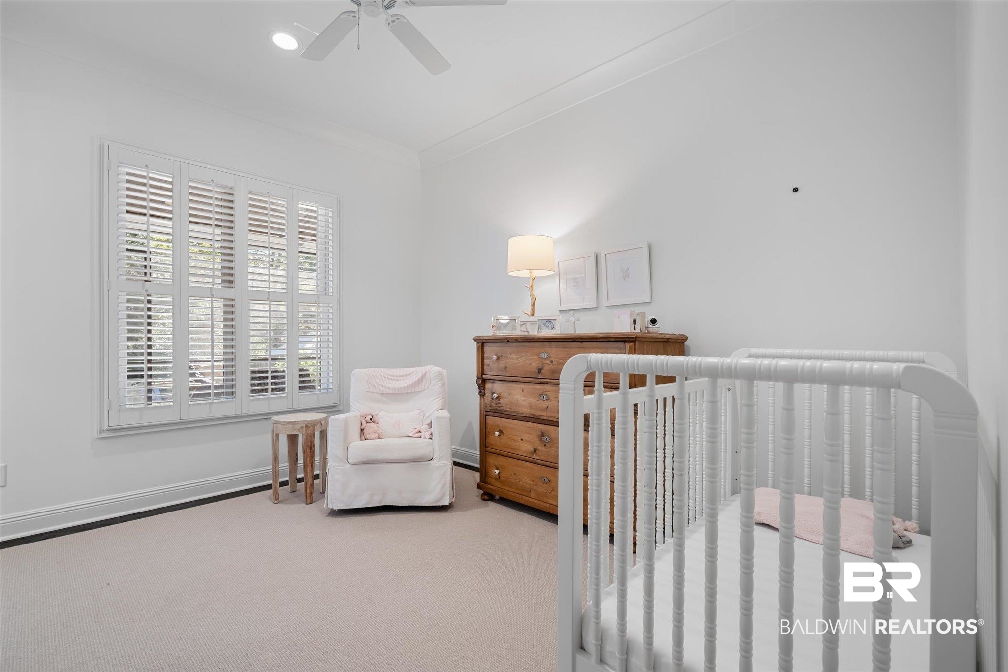 3713 Old Shell Road Mobile, AL 36608 - Photo 30 of 52 Carpeted bedroom with a crib, ceiling fan, and crown molding