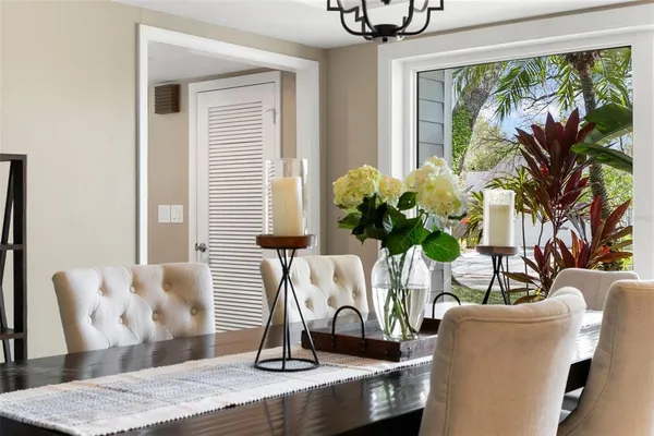 a view of a dining room with furniture window and outside view