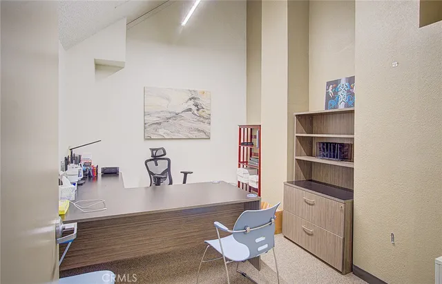 a view of a workspace with furniture and a potted plant