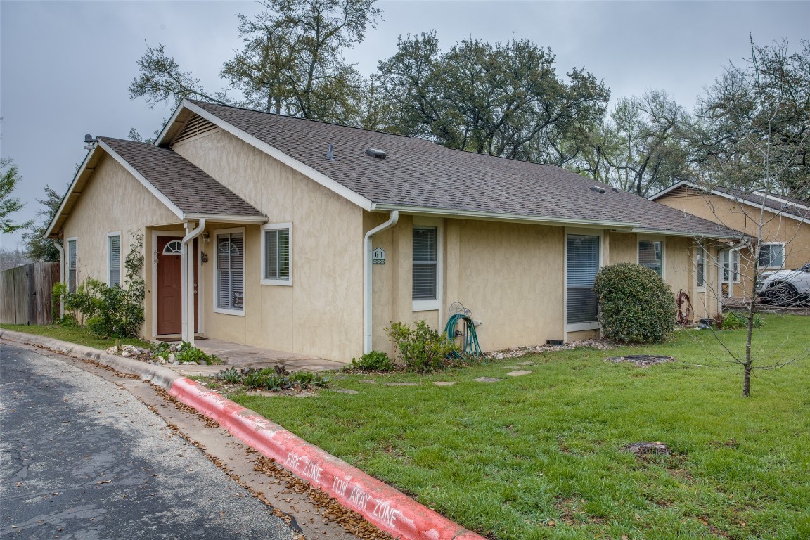 a view of a yard in front of a house with plants and large tree