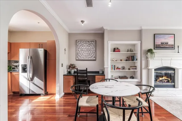 a view of a dining room with furniture