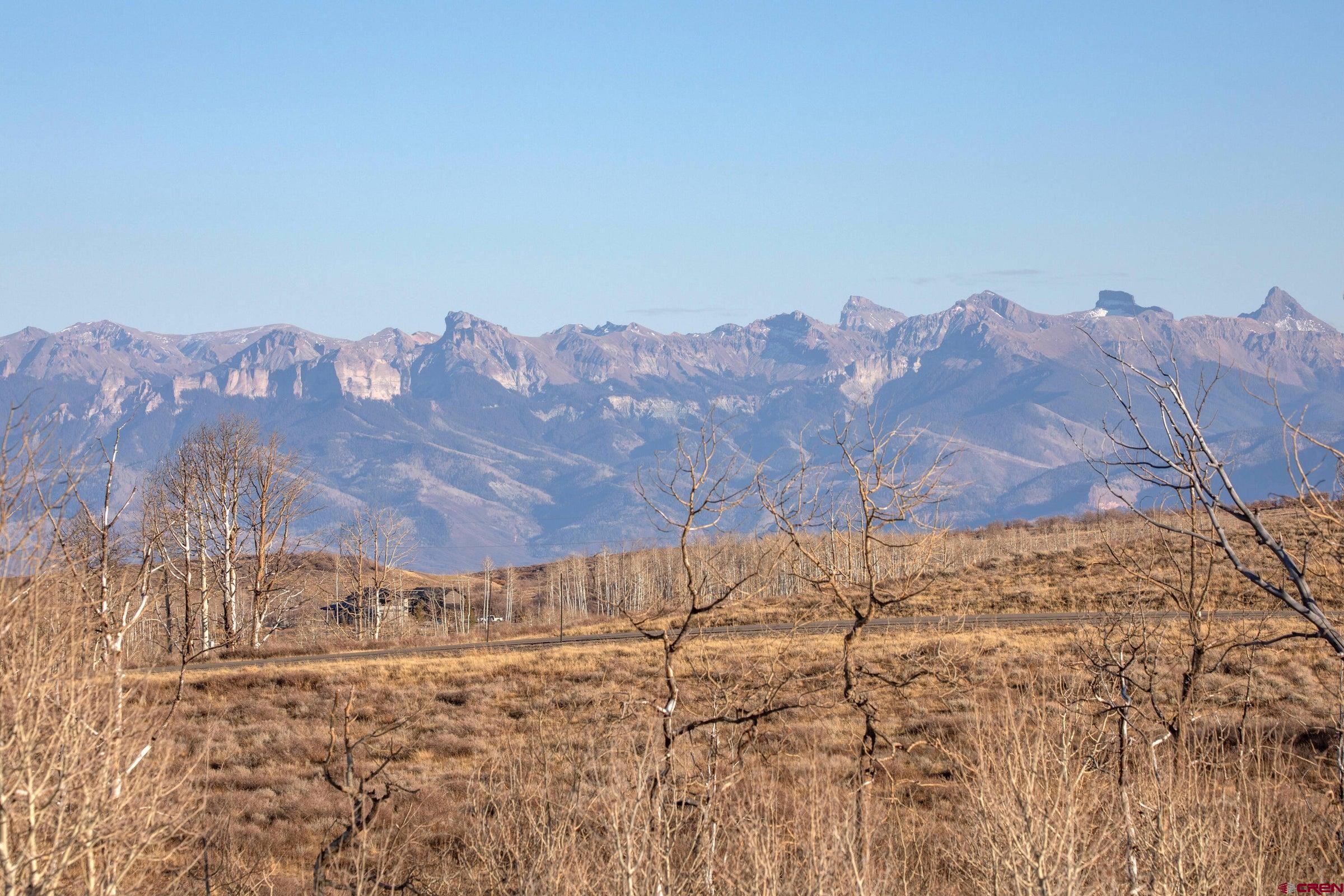 a view of a yard with a mountain