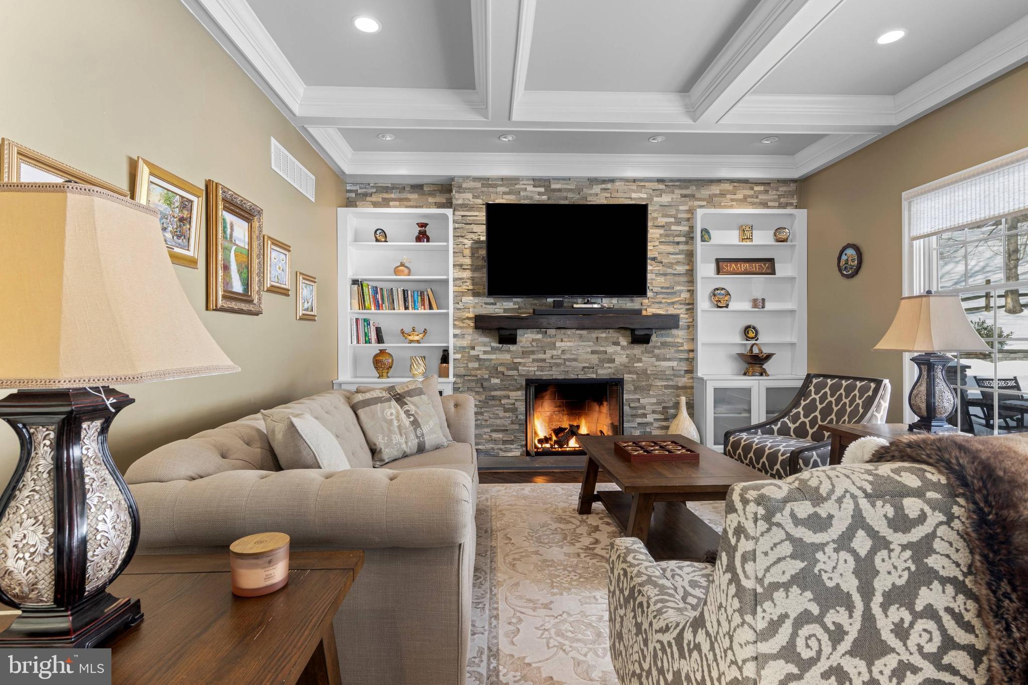 731 King Of Prussia Road Radnor, PA 19087 - Photo 6 of 58 living room with built-ins and coffered ceiling