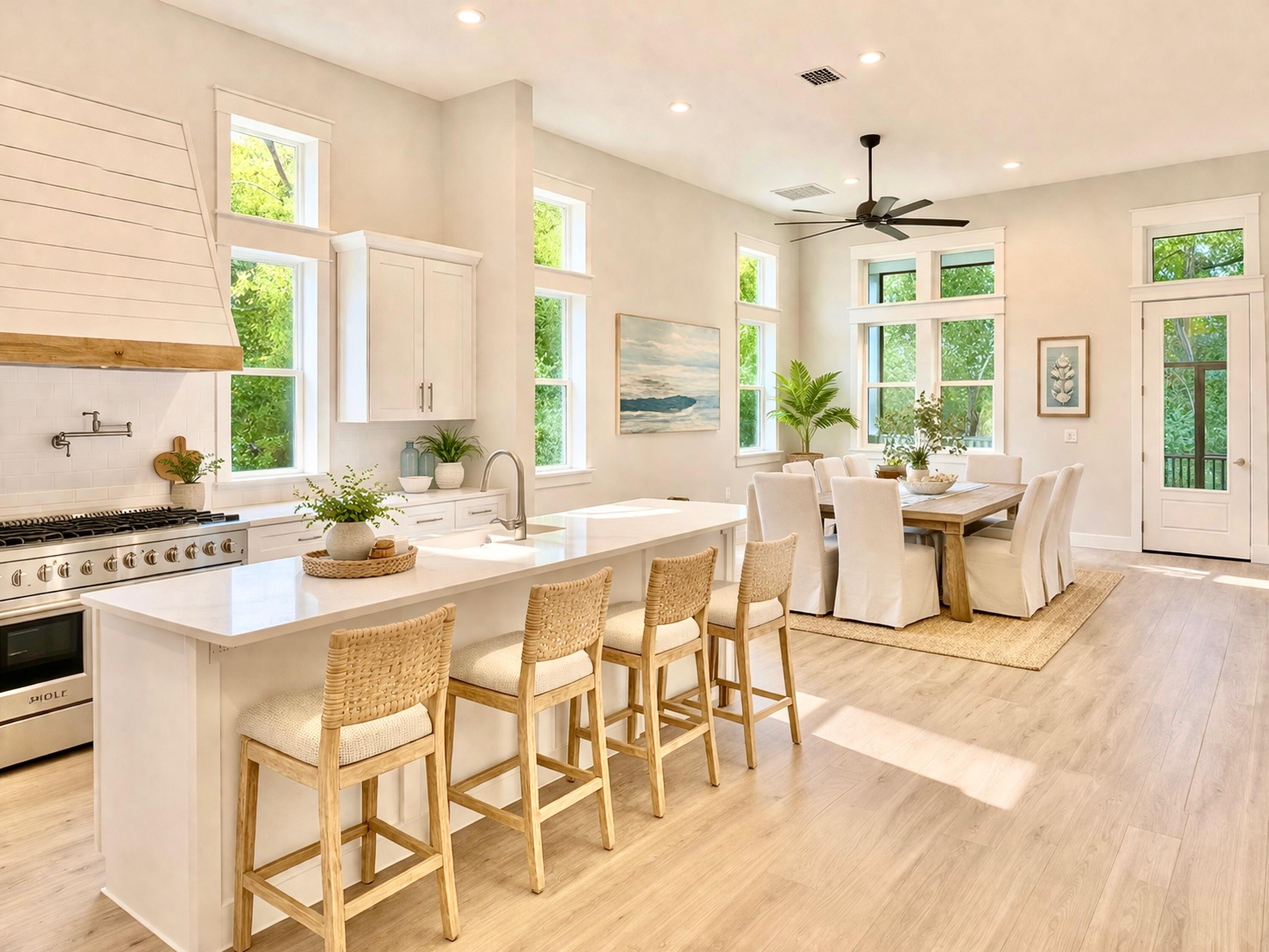 a large kitchen with a table and chairs