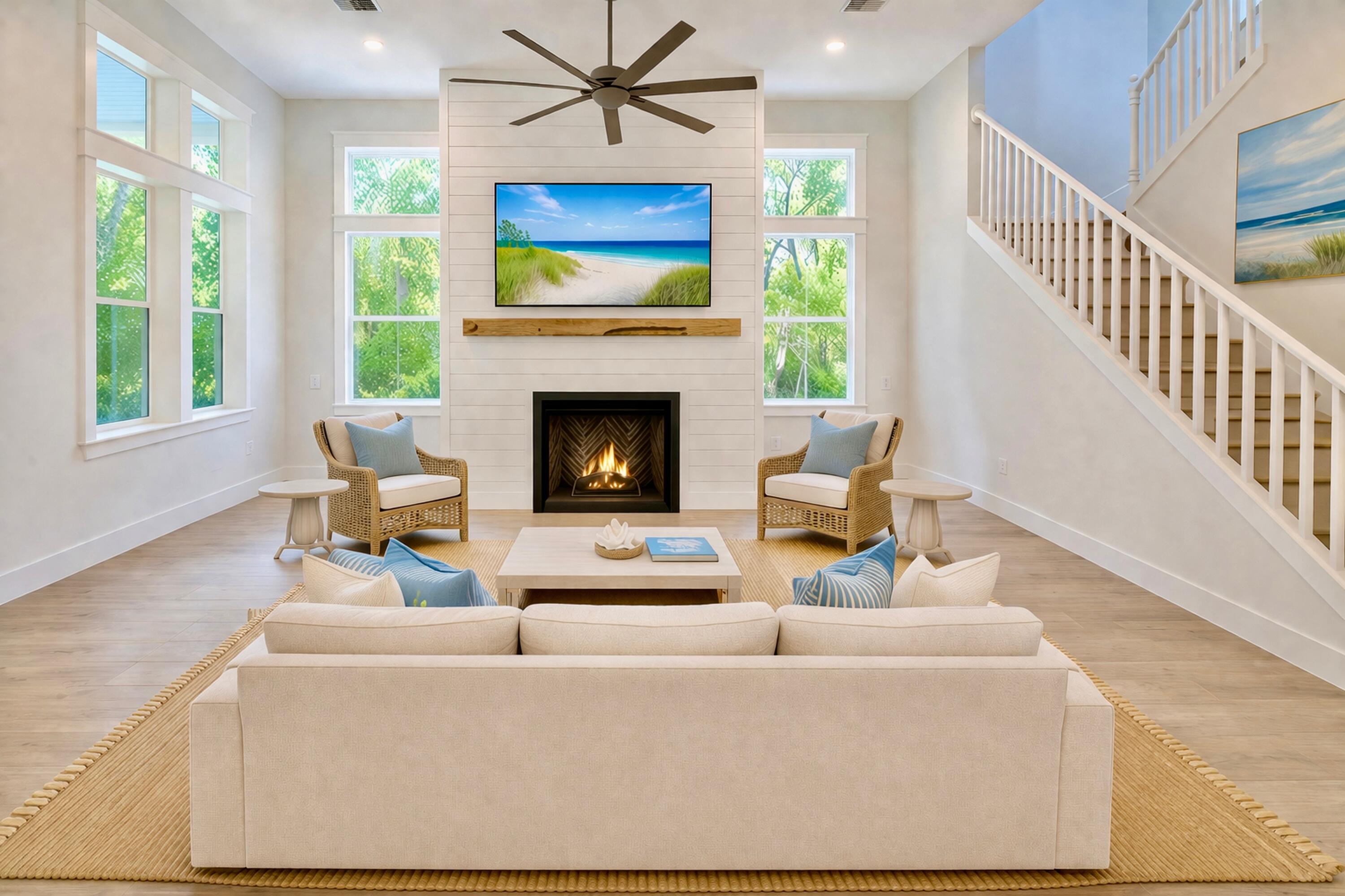 116 East Georgie Street Point Washington, FL 32459 - Photo 2 of 46 a living room with furniture a fireplace and a flat screen tv