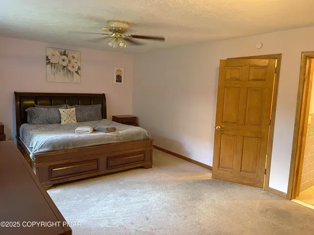a bed room with a bed and a ceiling fan