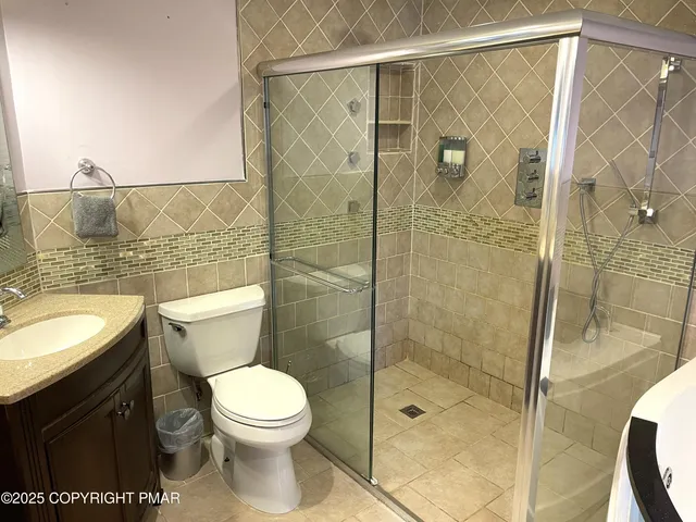 a bathroom with a shower a toilet and a sink