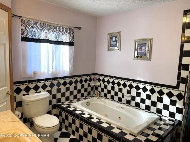 a bathroom with a bathtub and a toilet