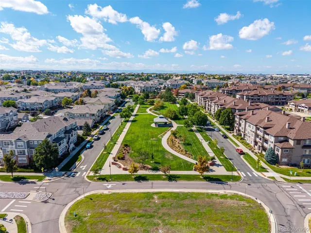 an aerial view of a swimming pool