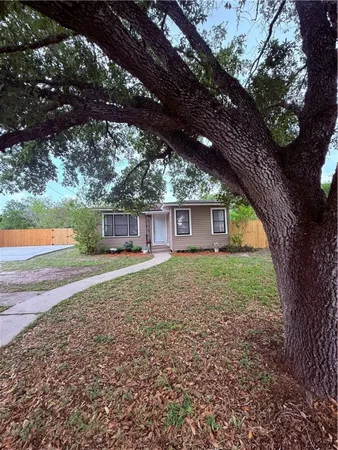 a view of a house with backyard and a tree