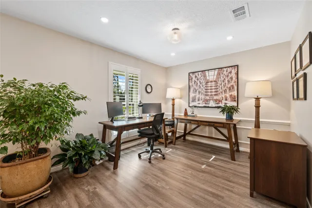 a living room with furniture and a potted plant