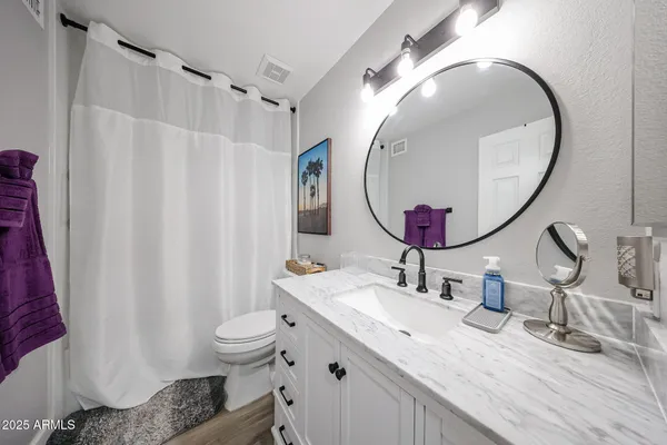 a bathroom with a sink mirror and toilet