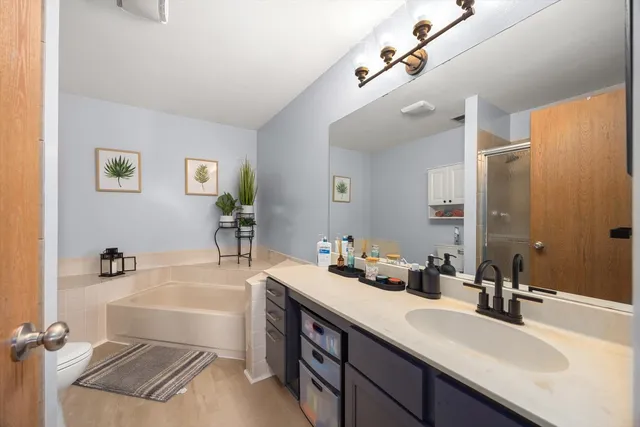 a bathroom with a tub a sink and mirror