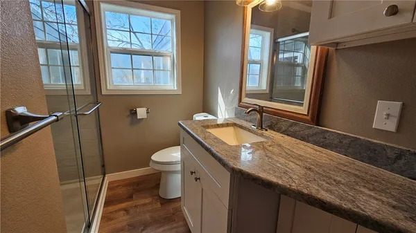 a bathroom with a granite countertop toilet sink and mirror