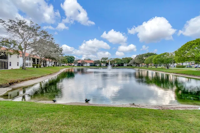 a view of a lake with houses in the background