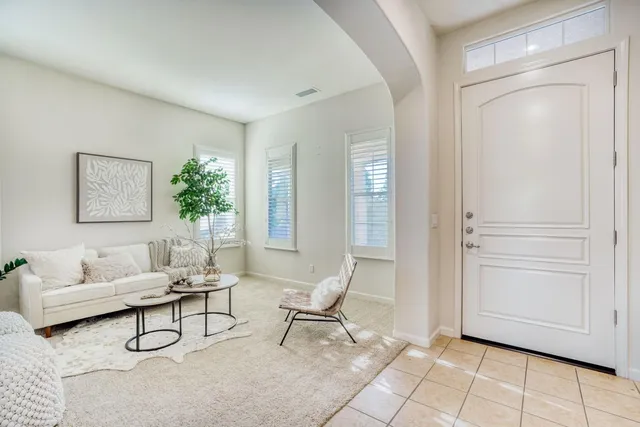 a living room with furniture and a potted plant