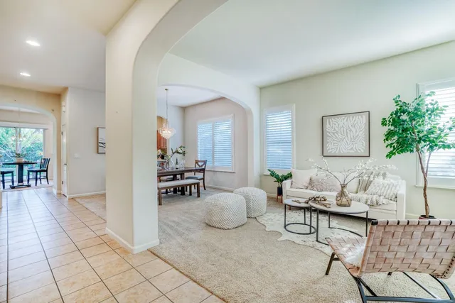 a living room with furniture and a potted plant