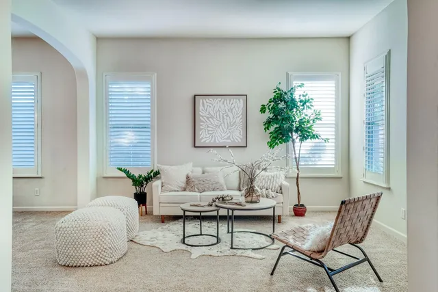 a living room with furniture and potted plants