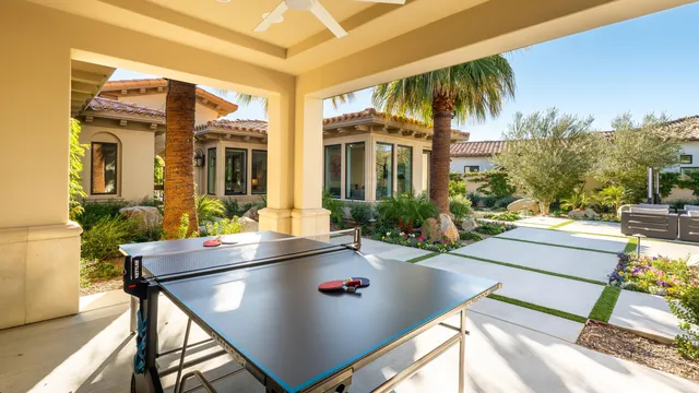 front view of a house with a patio