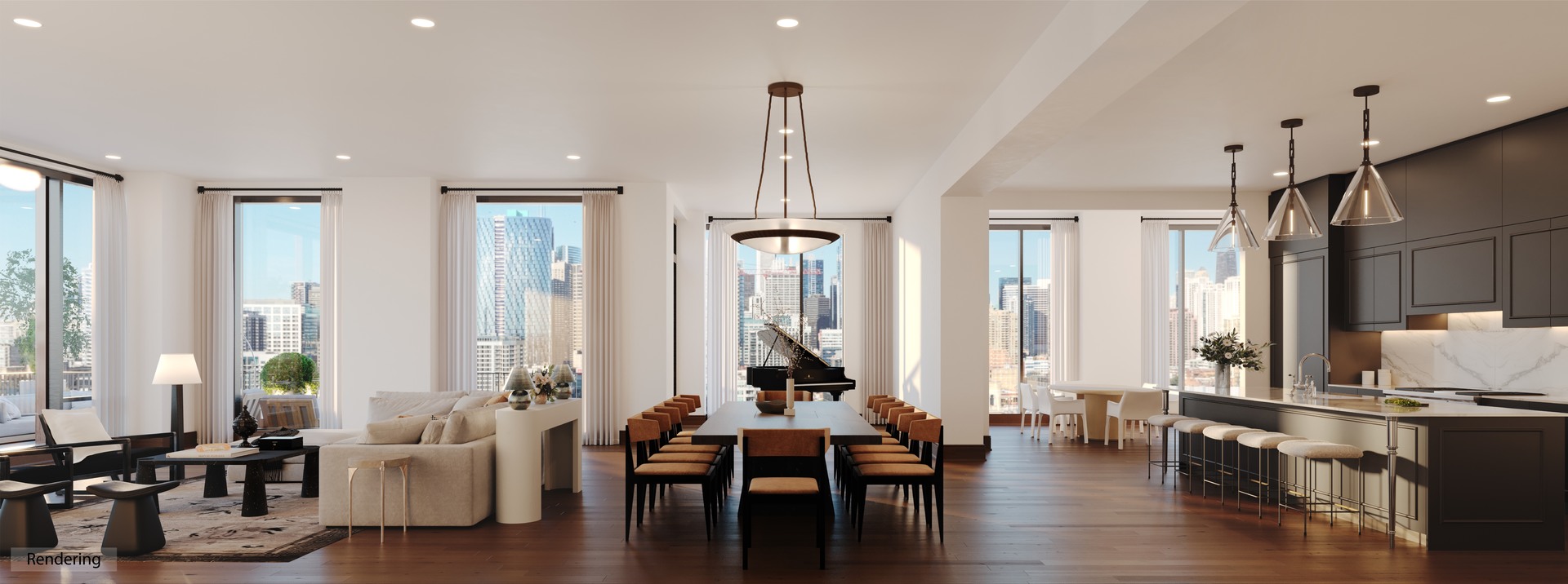 21 North May Street, Unit 1502 Chicago, IL 60607 - Photo 2 of 42 a living room with furniture floor to ceiling window and wooden floor