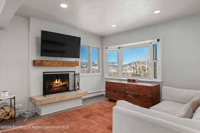 a living room with furniture a flat screen tv and a fireplace