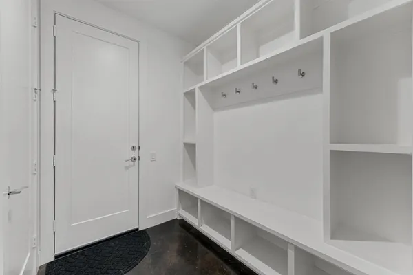 a storage room with cabinets