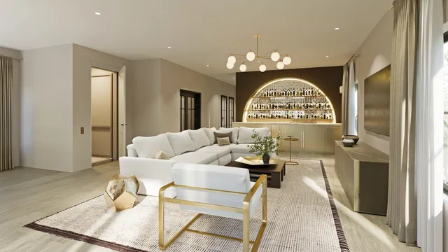 a living room with furniture a chandelier and a painting