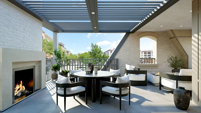 a outdoor living space with furniture and a fireplace