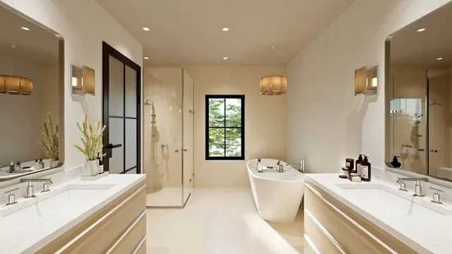 a bathroom with a double vanity sink and mirror with bathtub