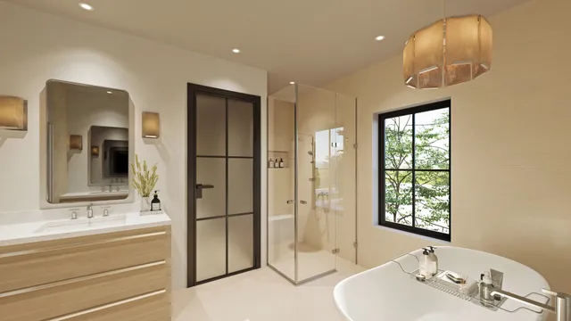 a bathroom with a tub sink and mirror
