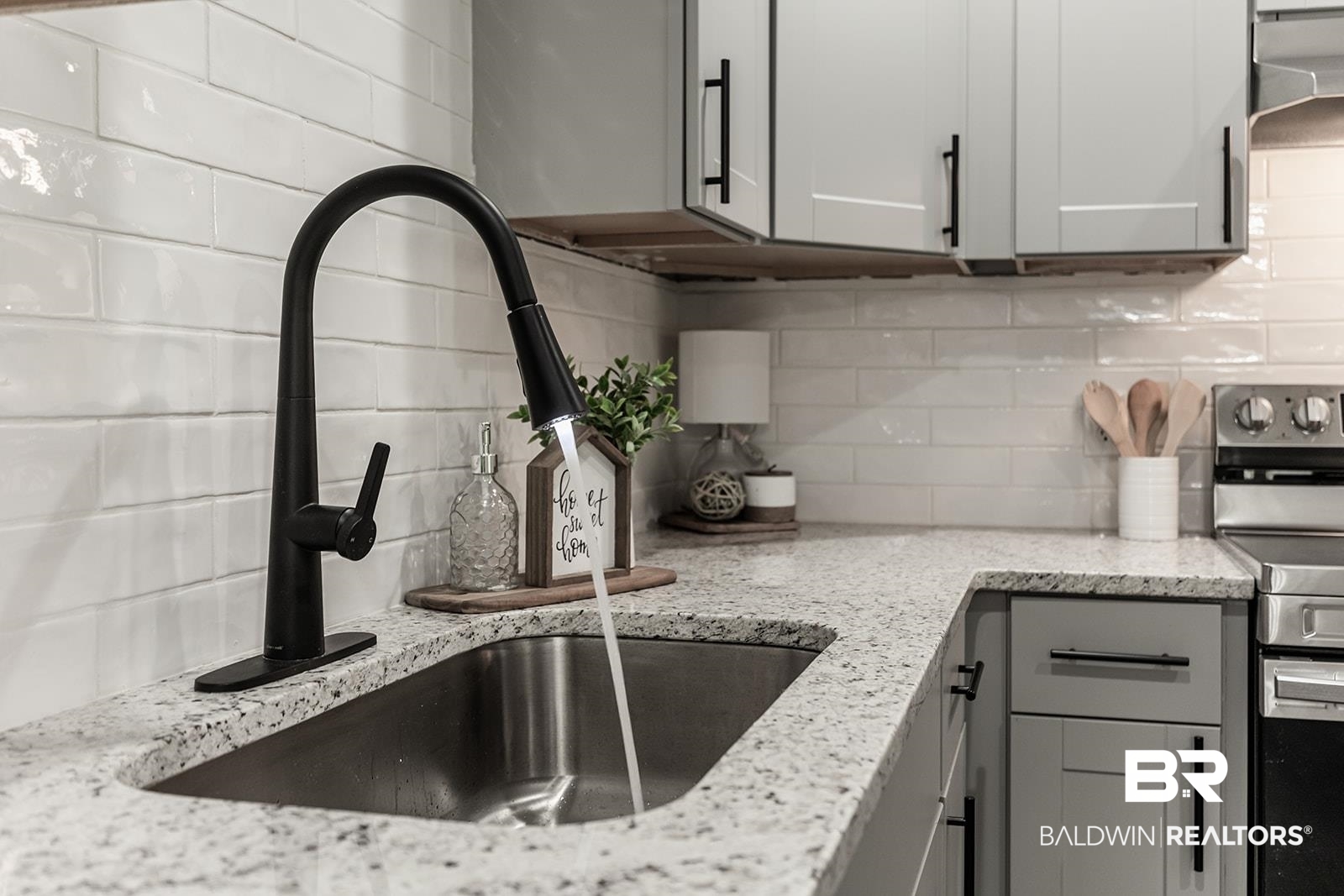4626 Gold Drive Mobile, AL 36619 - Photo 8 of 48 Kitchen featuring range, sink, decorative backsplash, and gray cabinets