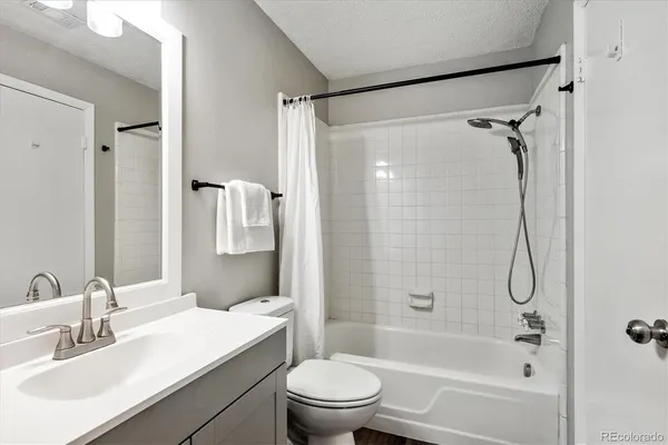 a bathroom with a bathtub shower sink vanity and toilet