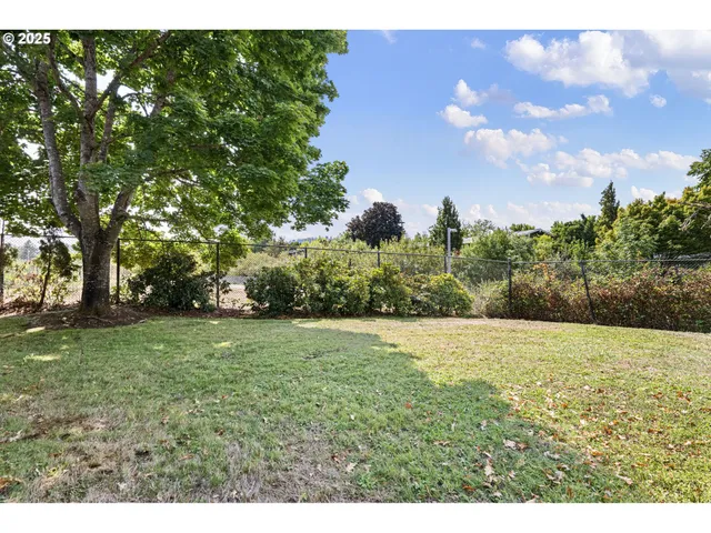 a view of a field with trees in the background