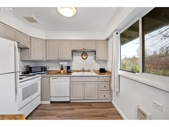 a kitchen with stainless steel appliances a stove a sink and white cabinets