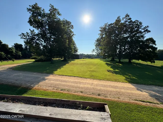 a view of a yard with flower plants and trees