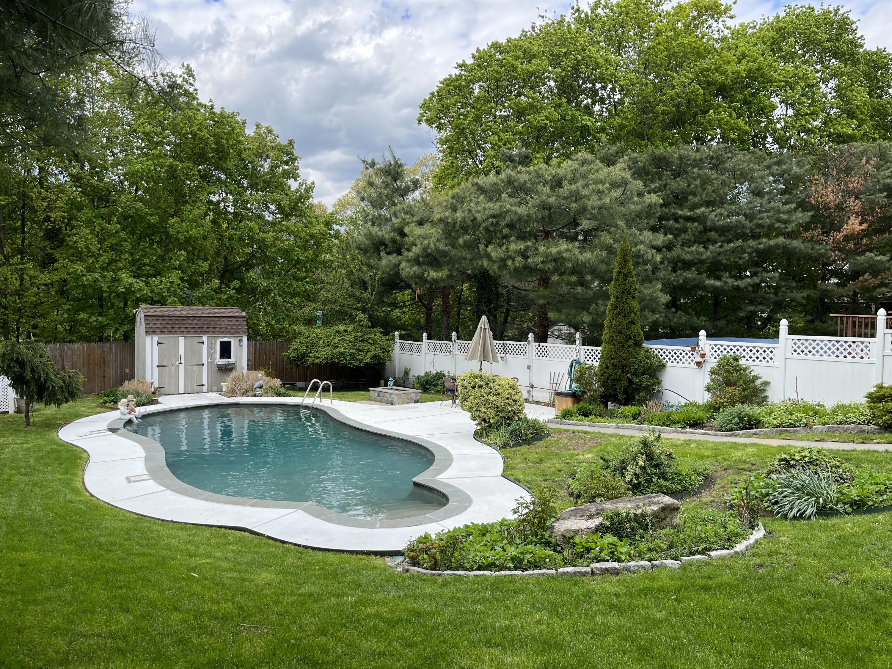 a view of a swimming pool with a garden
