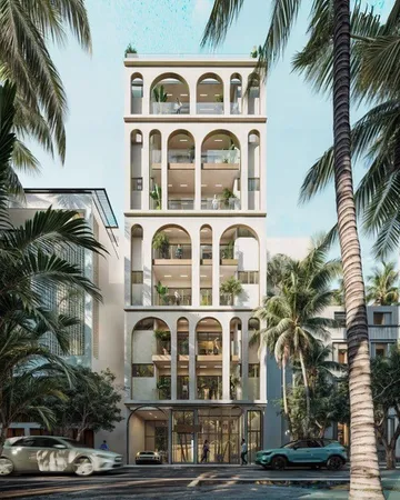 a front view of a multi story building