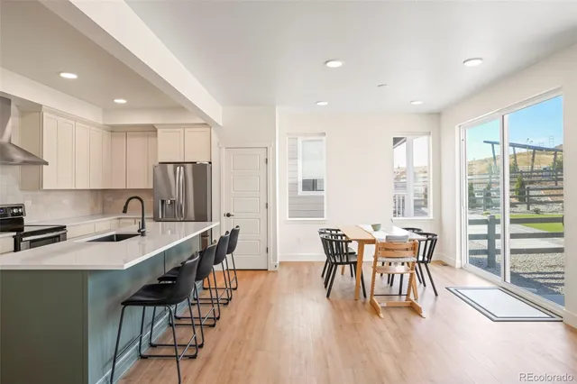 a view of a dining room with furniture window and outside view