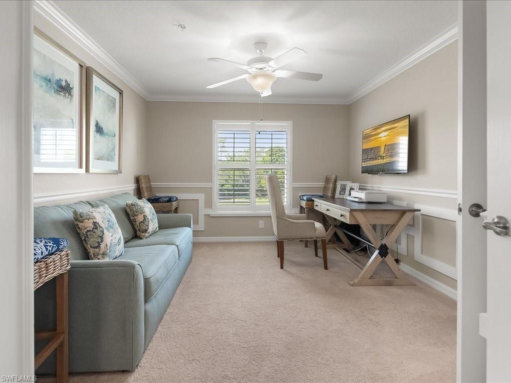 9532 Avellino Way, Unit 2726 Naples, FL 34113 - Photo 11 of 35 Home office featuring crown molding, light carpet, and ceiling fan